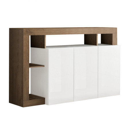 Buffet 3 Portes Blanc Laqué Niches Aspect Chêne Mercure - ARTIRA