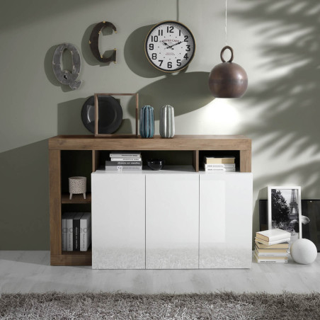 Buffet 3 Portes Blanc Laqué Niches Aspect Chêne Mercure - ARTIRA