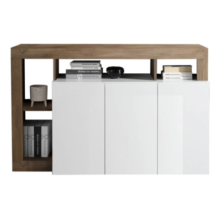 Buffet 3 Portes Blanc Laqué Niches Aspect Chêne Mercure - ARTIRA
