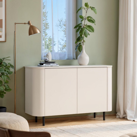 Buffet 2 portes finition laqué beige design coins arrondis pieds métal - LYNOR