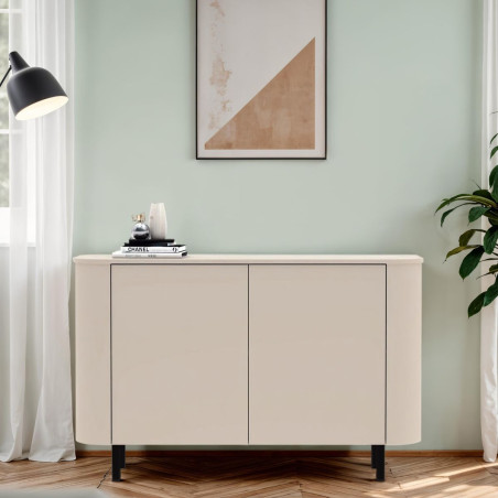 Buffet 2 portes finition laqué beige design coins arrondis pieds métal - LYNOR