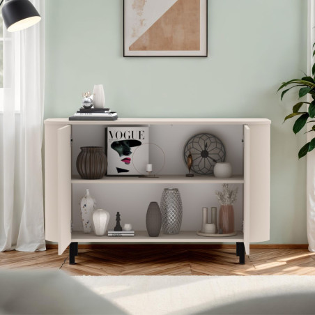 Buffet 2 portes finition laqué beige design coins arrondis pieds métal - LYNOR