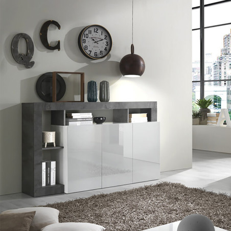 Buffet 3 portes blanc laqué, encadrement niches gris oxyde - ARTIRA