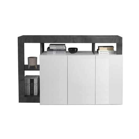 Buffet 3 portes blanc laqué, encadrement niches gris oxyde - ARTIRA