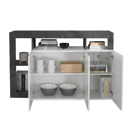 Buffet 3 portes blanc laqué, encadrement niches gris oxyde - ARTIRA