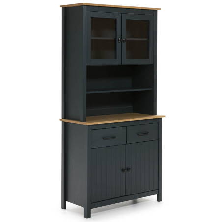 Buffet haut 4 portes 2 tiroirs bois ciré bleu pétrole - TINIO