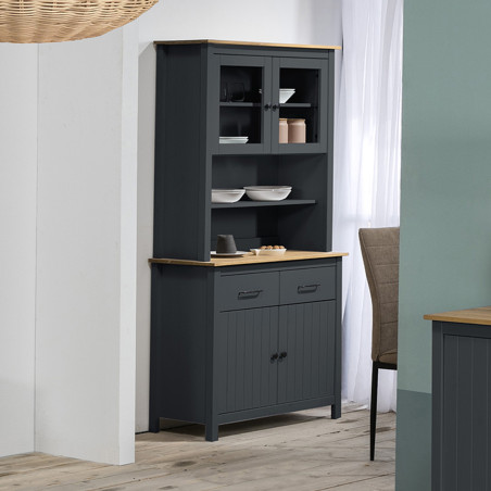 Buffet haut 4 portes 2 tiroirs bois ciré bleu pétrole - TINIO