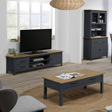 Buffet haut 4 portes 2 tiroirs bois ciré bleu pétrole - TINIO