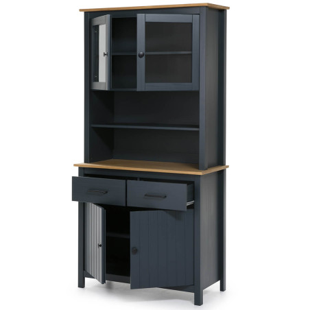 Buffet haut 4 portes 2 tiroirs bois ciré bleu pétrole - TINIO