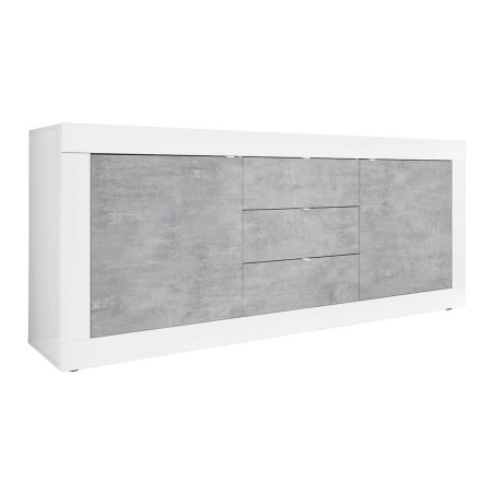 Buffet 2 portes 3 tiroirs blanc laqué effet béton - OTELIA