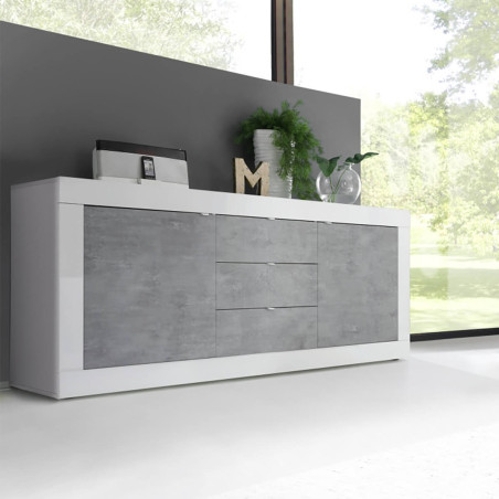 Buffet 2 portes 3 tiroirs blanc laqué effet béton - OTELIA