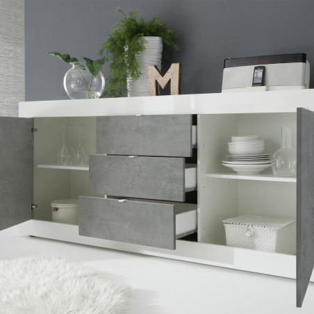 Buffet 2 portes 3 tiroirs blanc laqué effet béton - OTELIA