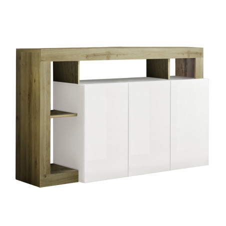 Buffet 3 portes blanc laqué, encadrement niches aspect bois Cadiz - ARTIRA