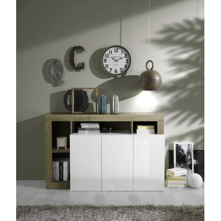 Buffet 3 portes blanc laqué, encadrement niches aspect bois Cadiz - ARTIRA