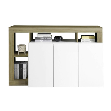 Buffet 3 portes blanc laqué, encadrement niches aspect bois Cadiz - ARTIRA