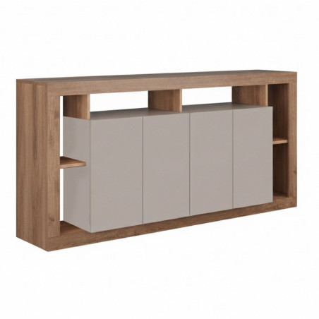 Buffet 4 portes avec 6 niches beige aspect bois finition Mercure - LIMANOR