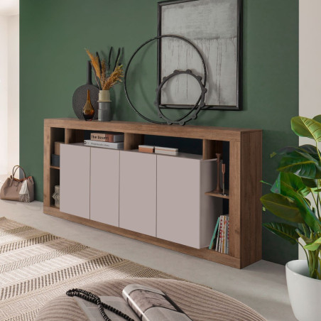 Buffet 4 portes avec 6 niches beige aspect bois finition Mercure - LIMANOR