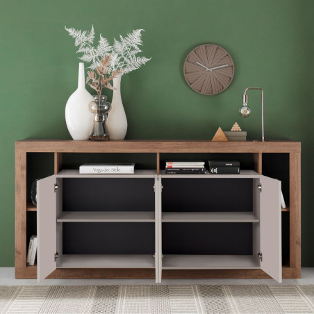 Buffet 4 portes avec 6 niches beige aspect bois finition Mercure - LIMANOR