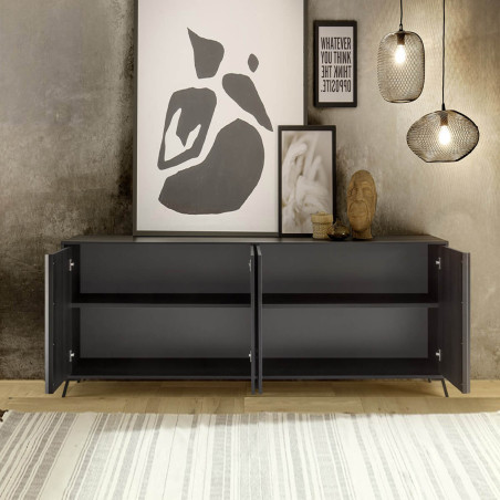 Buffet 4 portes chêne noir pieds métal noir - KANSIN