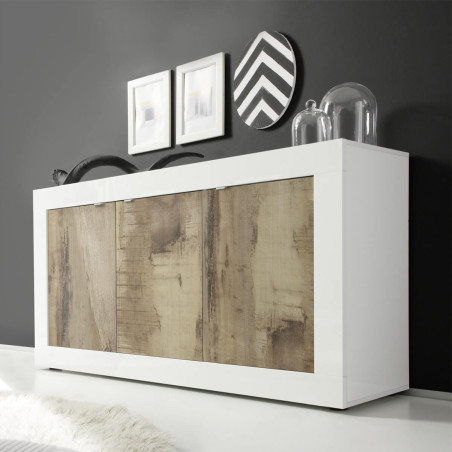 Buffet 3 portes blanc laqué et aspect bois antik - OTELIA