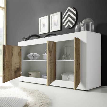 Buffet 3 portes blanc laqué et aspect bois antik - OTELIA