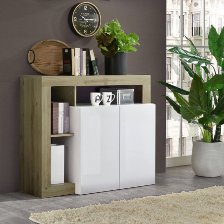 Buffet 2 portes blanc laqué encadrement niches aspect bois Cadiz - ARTIRA