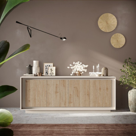 Buffet 4 portes beige poudré façades aspect bois - POLVIA
