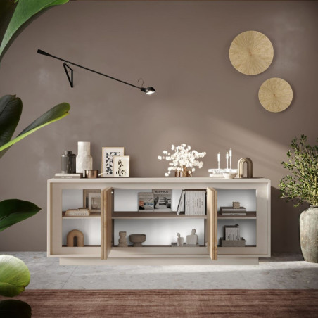 Buffet 4 portes beige poudré façades aspect bois - POLVIA