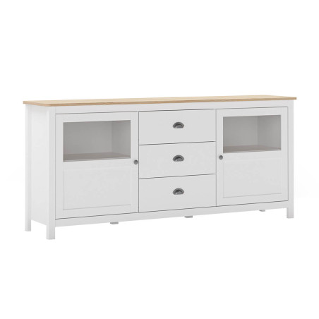 Buffet 2 portes semi vitrées, 3 tiroirs en pin massif blanc et chêne - MASKA