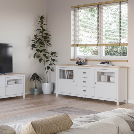Buffet 2 portes semi vitrées, 3 tiroirs en pin massif blanc et chêne - MASKA