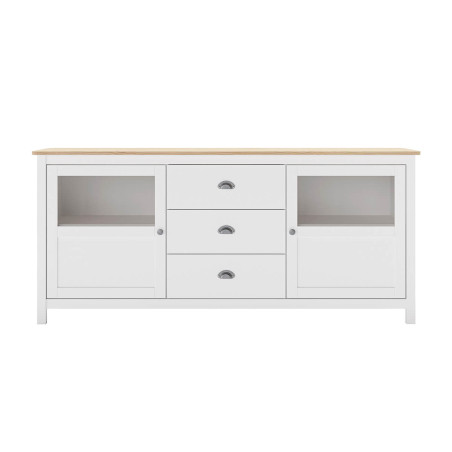 Buffet 2 portes semi vitrées, 3 tiroirs en pin massif blanc et chêne - MASKA