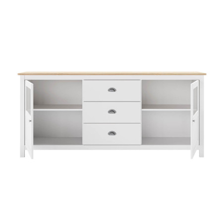 Buffet 2 portes semi vitrées, 3 tiroirs en pin massif blanc et chêne - MASKA