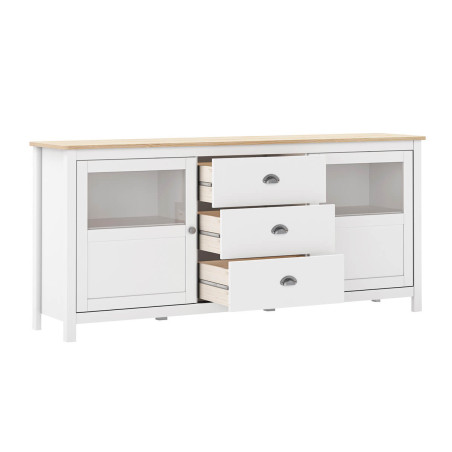 Buffet 2 portes semi vitrées, 3 tiroirs en pin massif blanc et chêne - MASKA