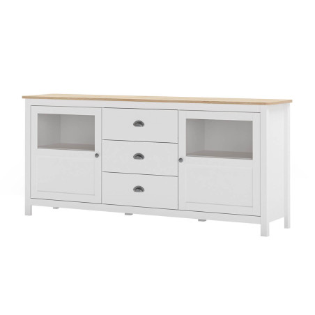 Buffet 2 portes semi vitrées, 3 tiroirs en pin massif blanc et chêne - MASKA