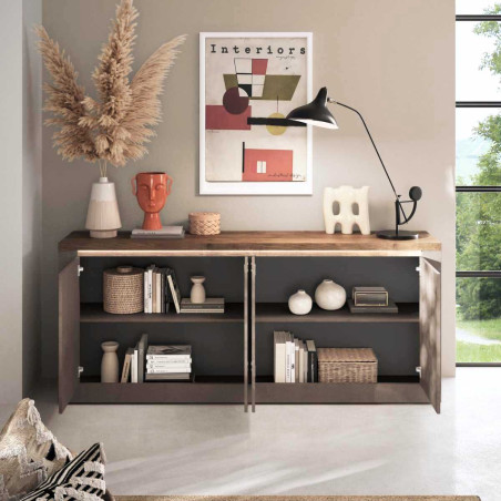 Buffet 4 portes aspect minéral bronze plateau bois Mercure - ISALIOR