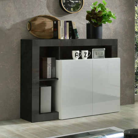 Buffet 2 portes blanc laqué niches gris oxyde - ARTIRA