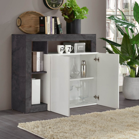 Buffet 2 portes blanc laqué niches gris oxyde - ARTIRA