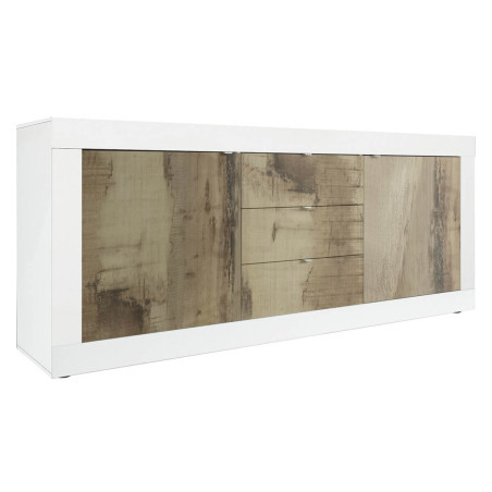 Buffet 2 portes 3 tiroirs blanc laqué aspect bois antik - OTELIA