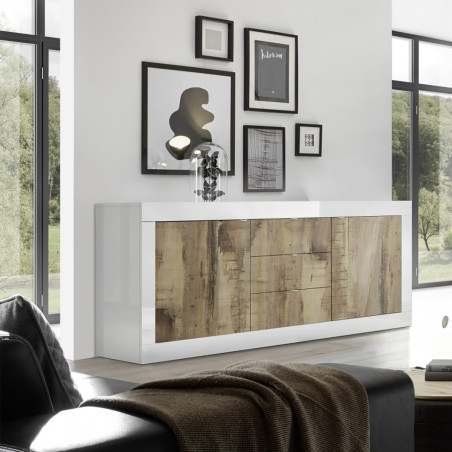 Buffet 2 portes 3 tiroirs blanc laqué aspect bois antik - OTELIA