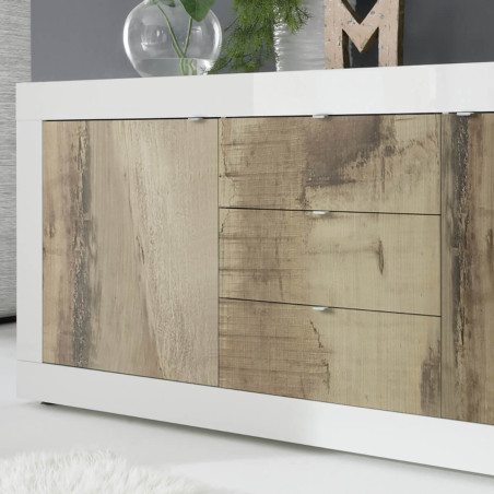 Buffet 2 portes 3 tiroirs blanc laqué aspect bois antik - OTELIA