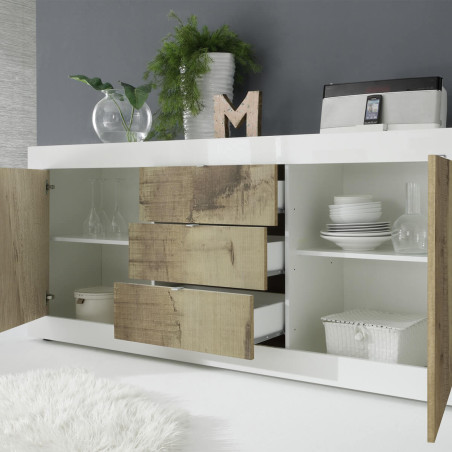 Buffet 2 portes 3 tiroirs blanc laqué aspect bois antik - OTELIA