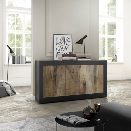 Buffet 3 portes noir mat aspect bois antik - OTELIA