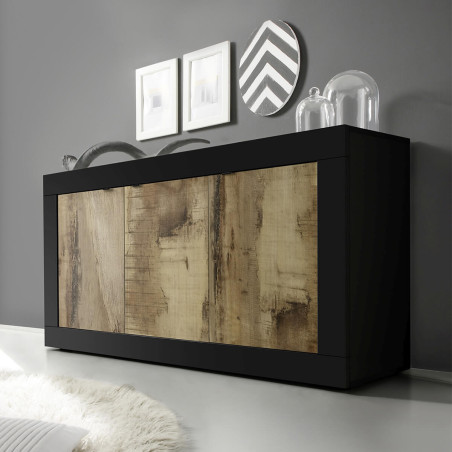 Buffet 3 portes noir mat aspect bois antik - OTELIA