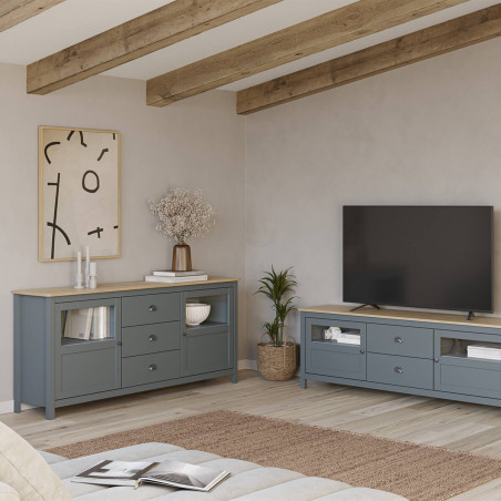Buffet 2 portes semi vitrées 3 tiroirs pin massif vert céladon - MASKA