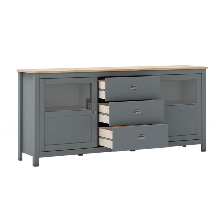 Buffet 2 portes semi vitrées 3 tiroirs pin massif vert céladon - MASKA