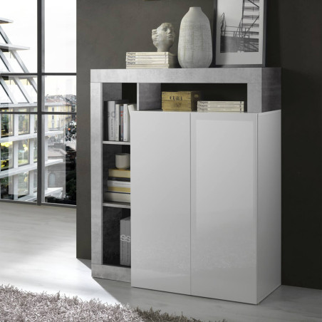 Meuble bar 2 portes blanc laqué encadrement niches aspect cimento - ARTIRA