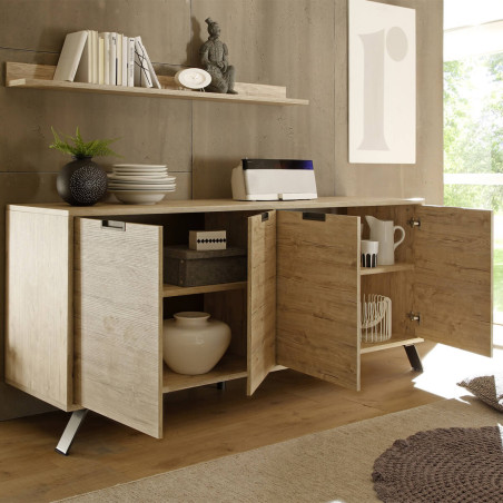 Buffet 4 Portes Aspect Bois Pieds Métal Gris Foncé - PALIRA