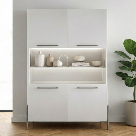 Buffet haut 4 portes blanc pieds et poignées métal anthracite + Leds - TARAC