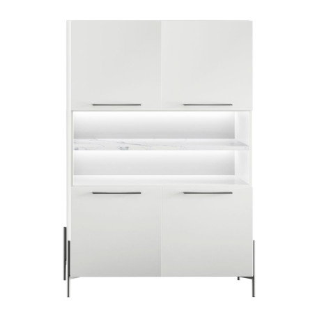 Buffet haut 4 portes laqué blanc plateau marbré métal anthracite Leds - TARAC