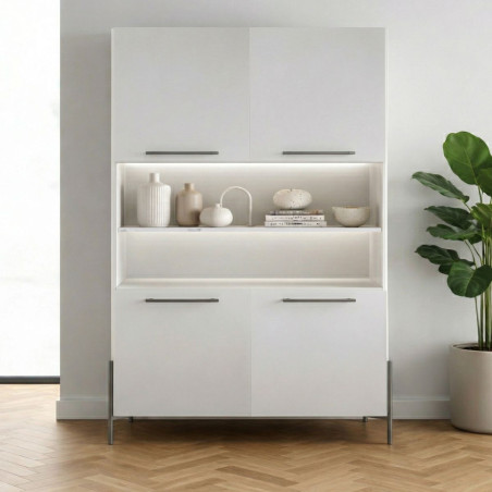 Buffet haut 4 portes laqué blanc plateau marbré métal anthracite Leds - TARAC